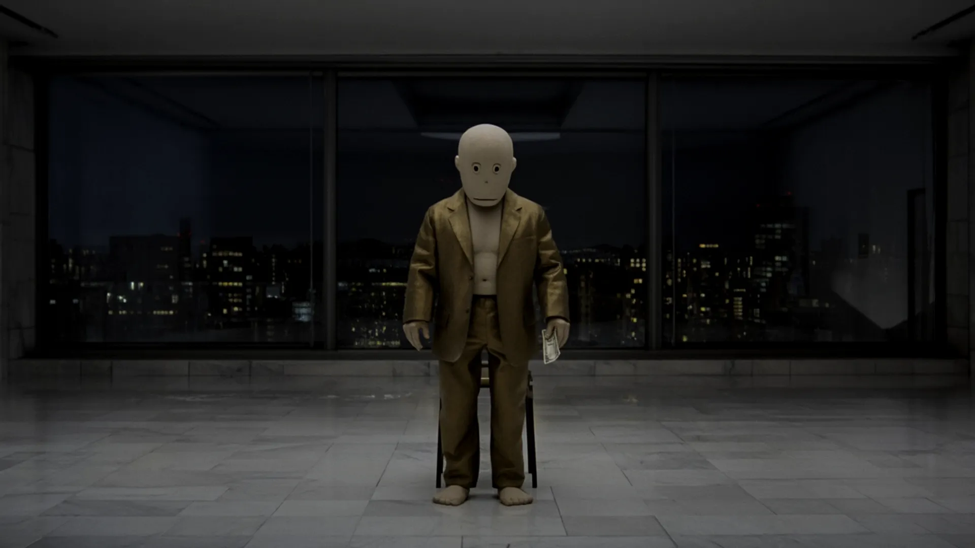 Wojak in a gold suit, alone in an empty penthouse, holding one banknote